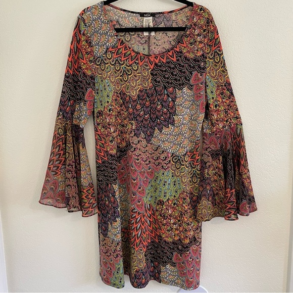 MSK 70’s Style Multicolor Peacock Bell Sleeve Above the Knee Dress Large - Picture 1 of 6
